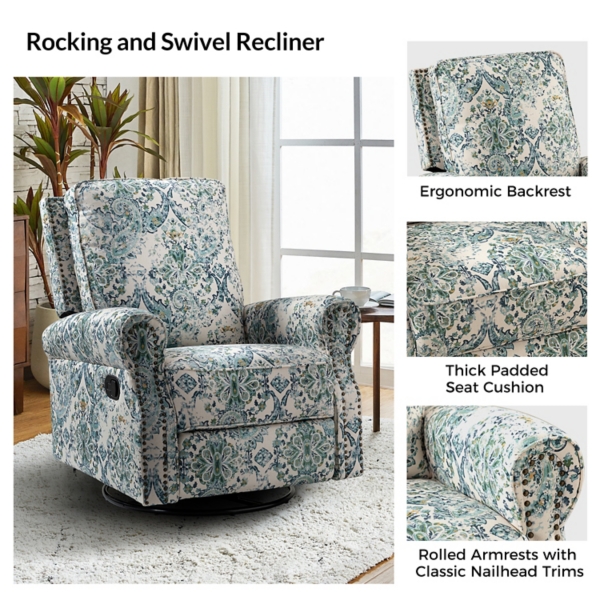 Blue Floral Kaspar Swivel Manual Recliner