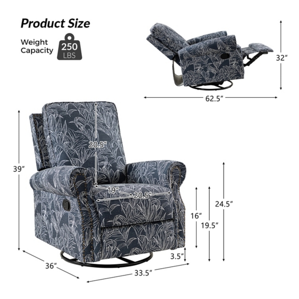 Navy Leaves Kaspar Swivel Manual Recliner