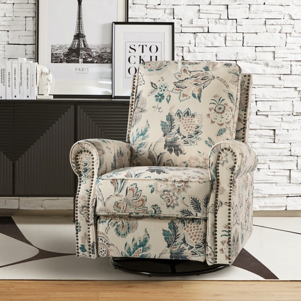 Teal Floral Kaspar Swivel Manual Recliner