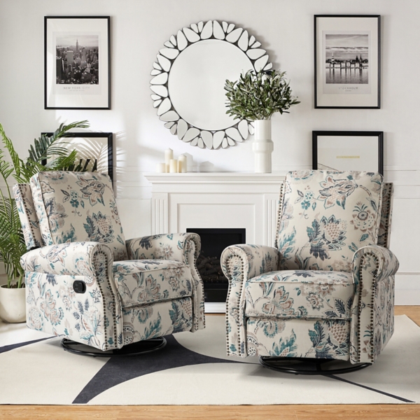 Teal Floral Kaspar Swivel Manual Recliner