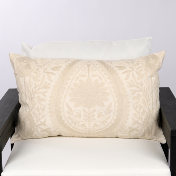 Cream Embroidered Floral Outdoor Lumbar Pillow