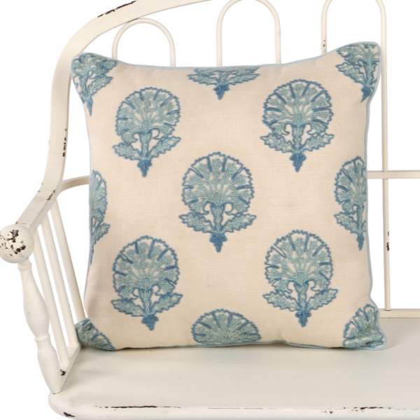 Blue Beaded Floral Outdoor Pillow