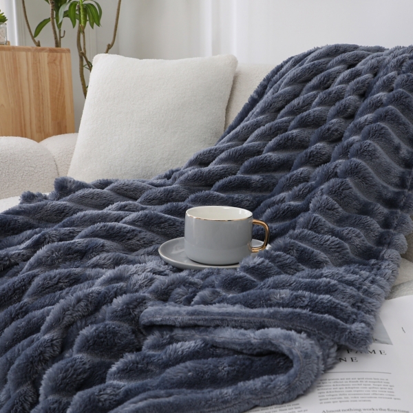 Blue Blaise Faux Fur Ribbed Throw