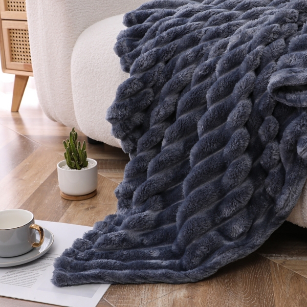 Blue Blaise Faux Fur Ribbed Throw