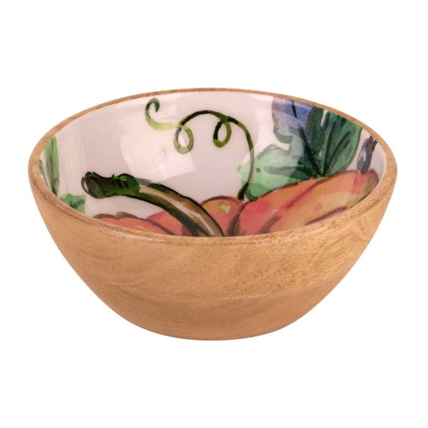 Wood Bowl with Enamel Pumpkin, 6.5 in.