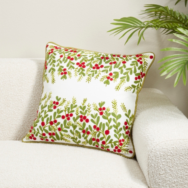 Red Berry Embroidered Christmas Pillow