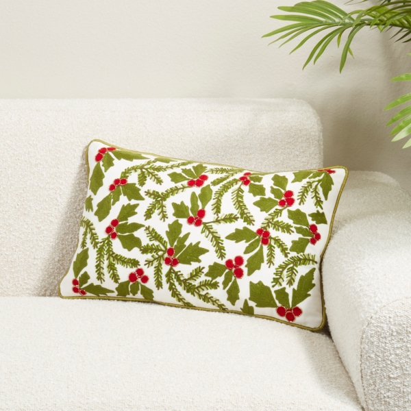 Holly Embroidered Christmas Lumbar Pillow