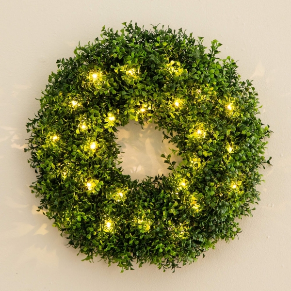 Pre-Lit Artificial Boxwood Wreath
