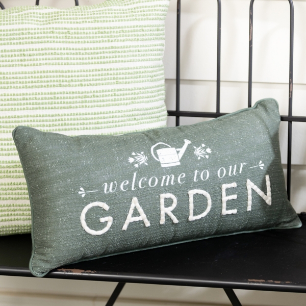 Green Welcome to Our Garden Outdoor Lumbar Pillow