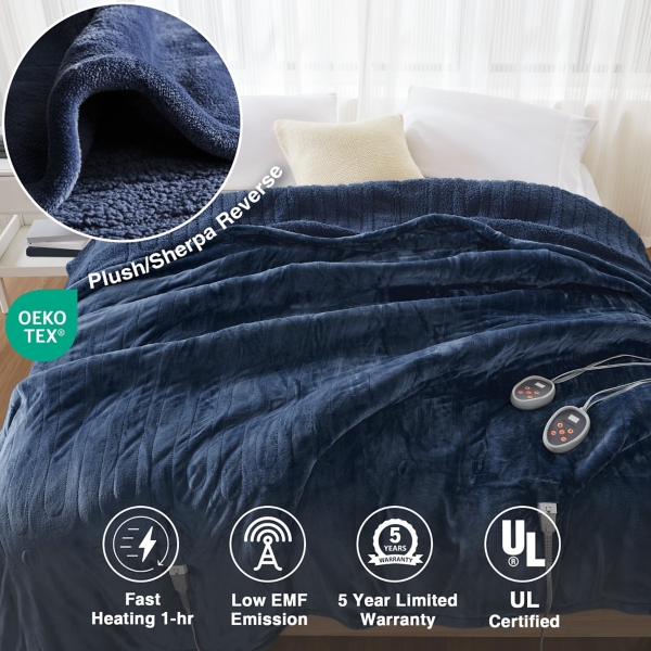 Beautyrest Navy Berber Heated Queen Blanket