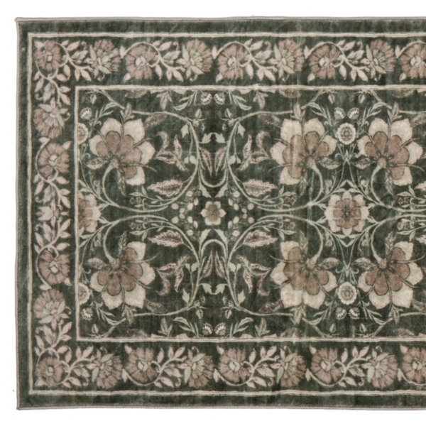 Green Leo Floral Washable Runner, 2x7