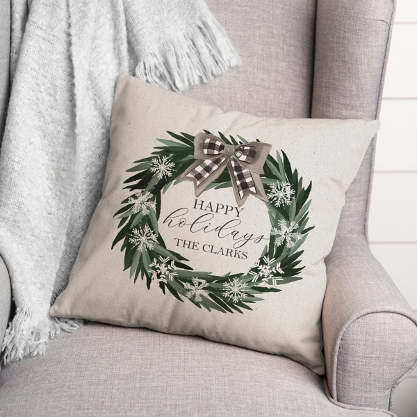 Personalized Happy Holidays Neutral Wreath Pillow