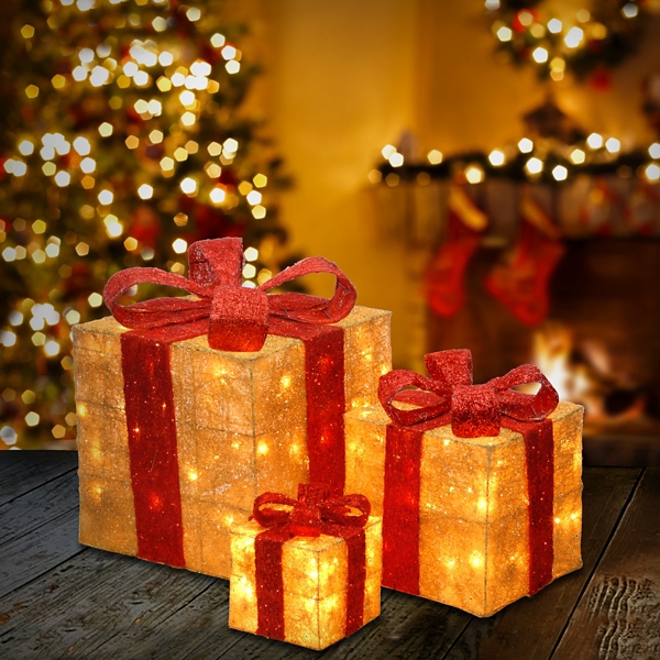 Pre-Lit Gold Outdoor Gift Boxes, Set of 3