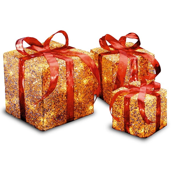 Pre-Lit Gold Glitter Outdoor Gift Boxes, Set of 3