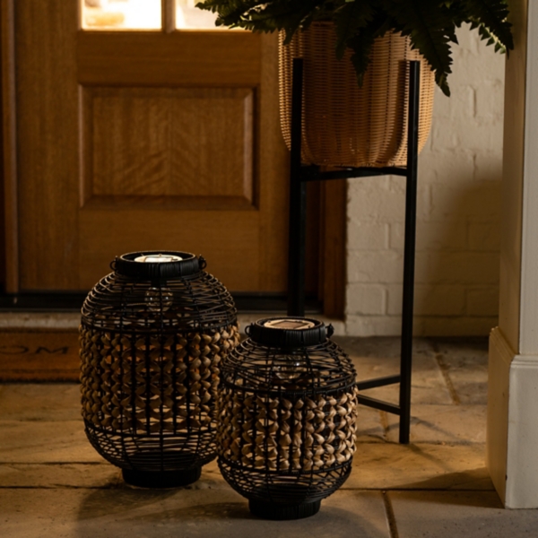 Natural Woven Black Solar Lantern, 16 in.