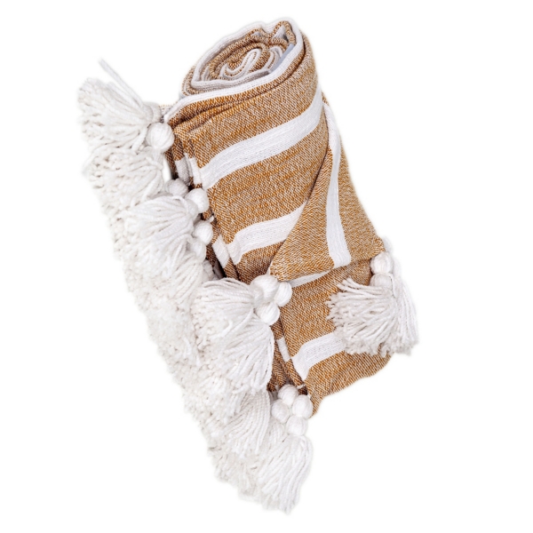 Mustard and White Stripe Tassel Throw