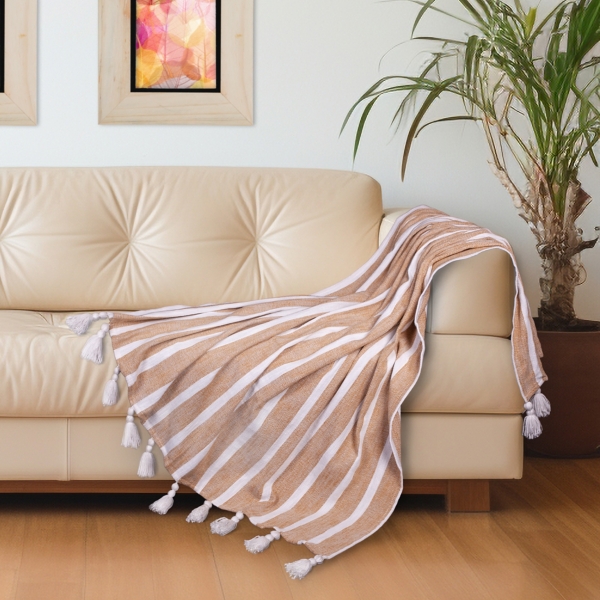 Mustard and White Stripe Tassel Throw