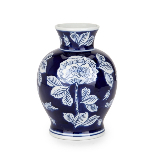 Round Navy and White Floral Vase