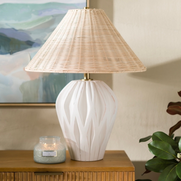 White Geometric Rattan Shade Table Lamp