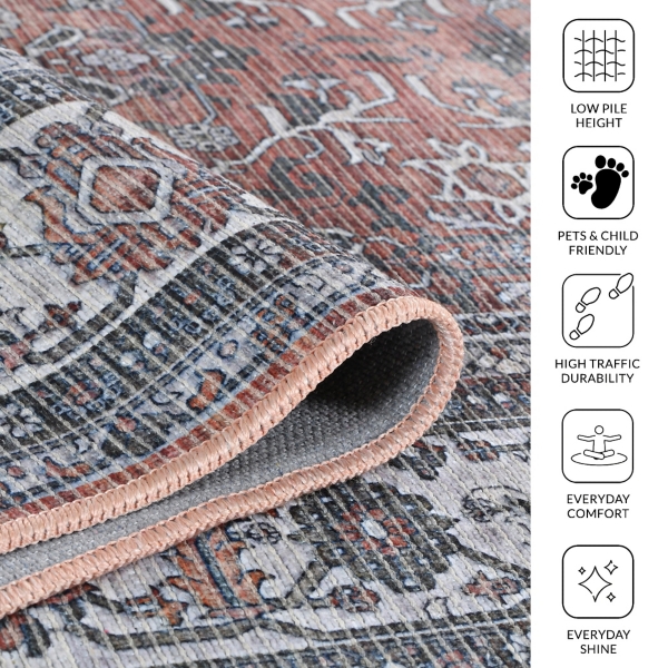 Red & Gray Alaska Floral Washable Area Rug, 9x11