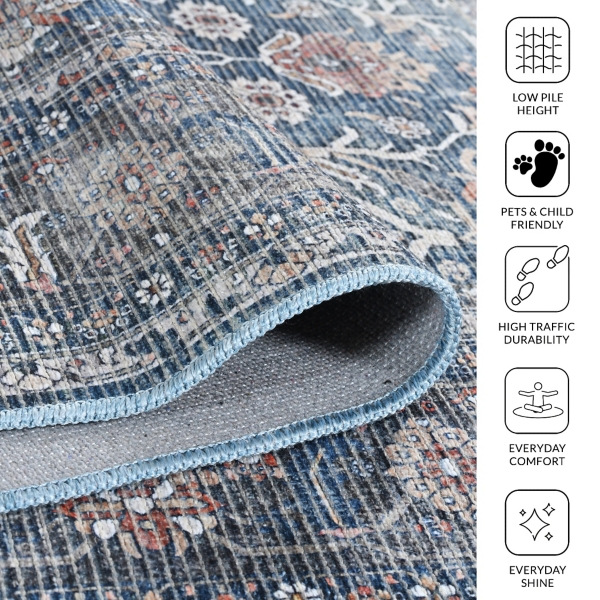 Blue Alaska Floral Washable Area Rug