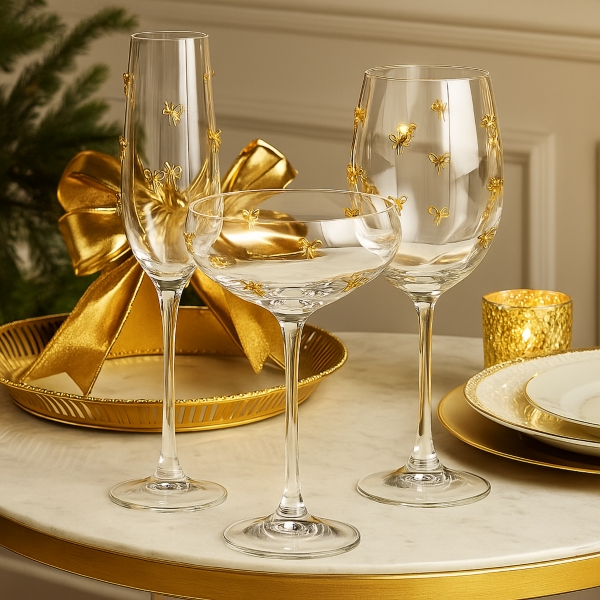 Gold Bow Charm Coupe Glasses, Set of 4