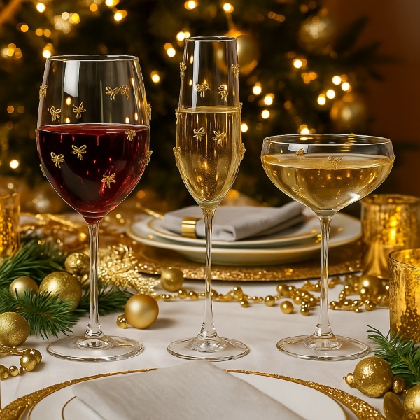 Gold Bow Charm Coupe Glasses, Set of 4