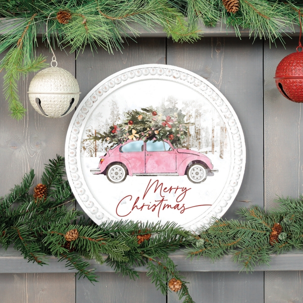 Pink Christmas Car Beaded Framed Art Print