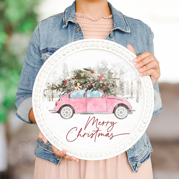 Pink Christmas Car Beaded Framed Art Print