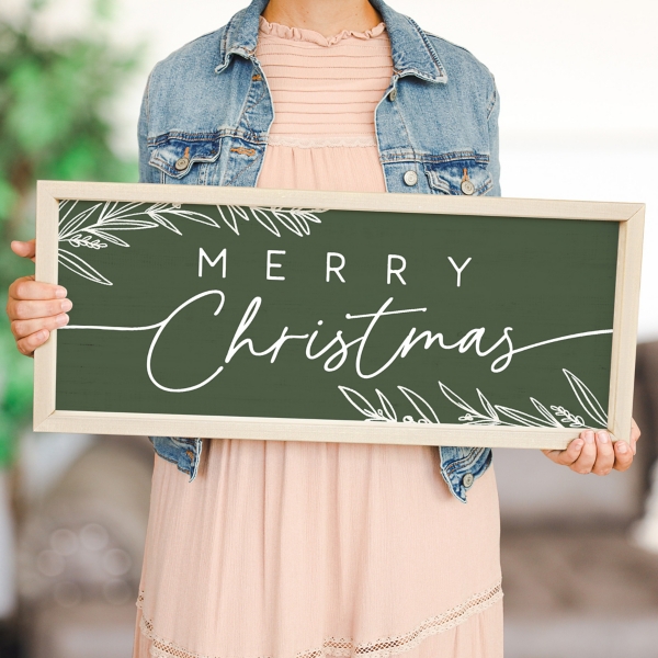 Green Merry Christmas Wood Framed Art Print