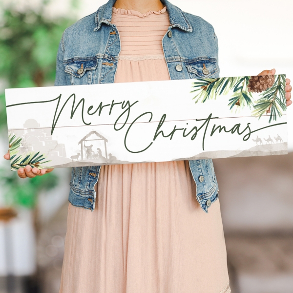 Merry Christmas Nativity Wood Art Print