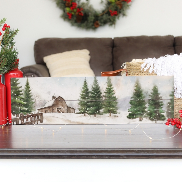 Winter Barn Scene Wood Art Print