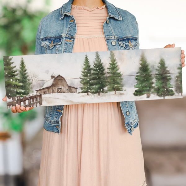 Winter Barn Scene Wood Art Print