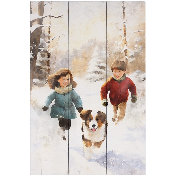 Snowy Kids and Puppy Wood Wall Plaque