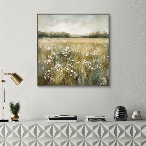 Neutral Field of Flowers Framed Canvas Art Print