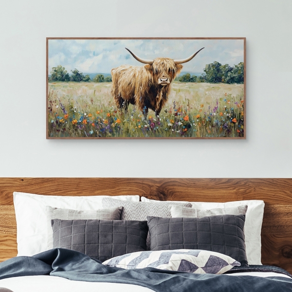 Highland Cow Meadow Framed Canvas Art Print