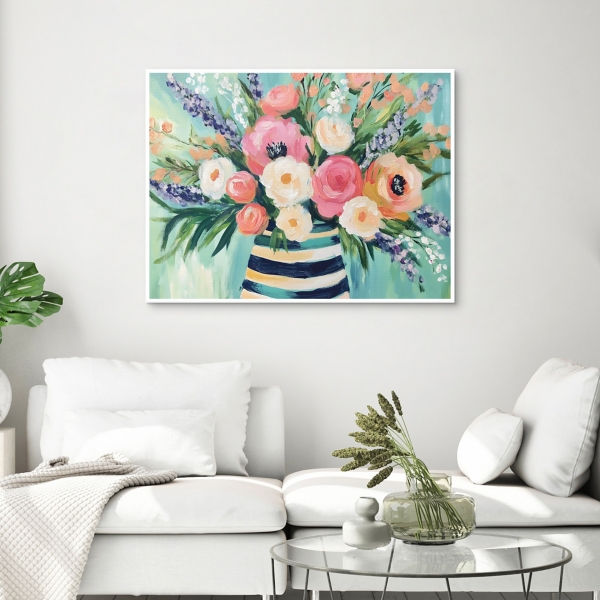 Flowers in Striped Vase Framed Canvas Art Print