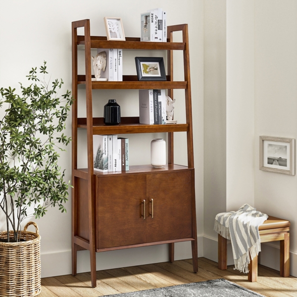 Walnut Jozef Ladder Bookcase with Cabinet