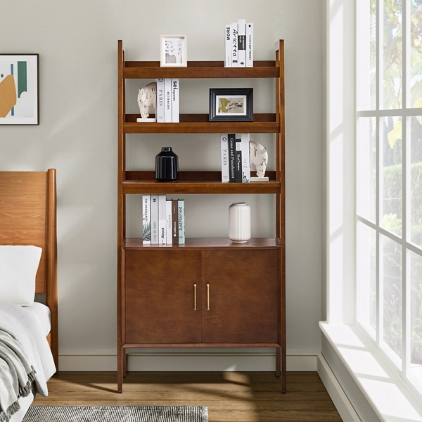 Walnut Jozef Ladder Bookcase with Cabinet