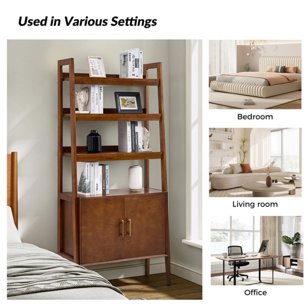 Walnut Jozef Ladder Bookcase with Cabinet