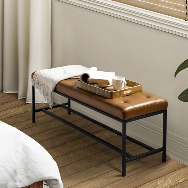 Tufted Camel Faux Leather Jakob Metal Bench