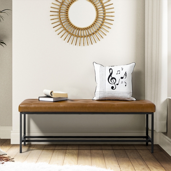 Tufted Camel Faux Leather Jakob Metal Bench