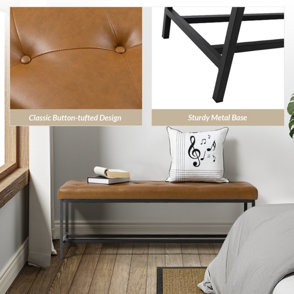 Tufted Camel Faux Leather Jakob Metal Bench
