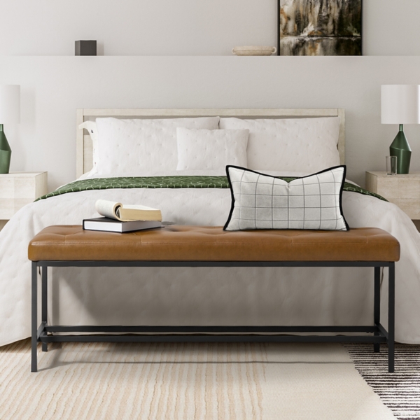 Tufted Camel Faux Leather Jakob Metal Bench