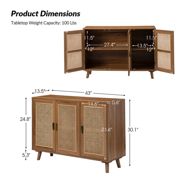 Wood and Rattan 3-Door Carlo Cabinet