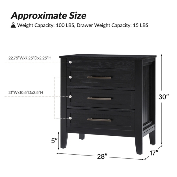 Black Wood 3-Drawer Joachim Charging Nightstand