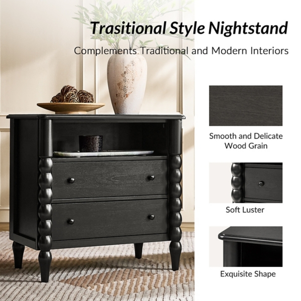 Black Wood 2-Drawer Alex Charging Nightstand