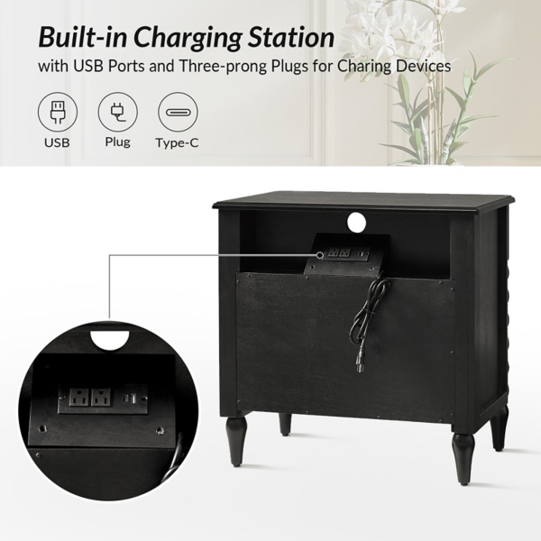 Black Wood 2-Drawer Alex Charging Nightstand