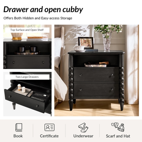Black Wood 2-Drawer Alex Charging Nightstand