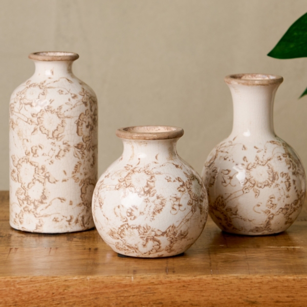 Brown Floral Ceramic Vases, Set of 3